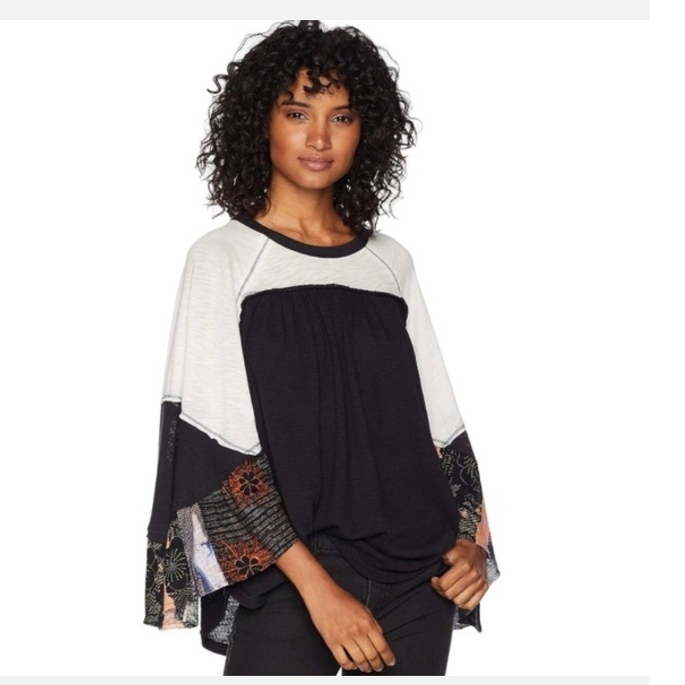We The Free Friday‎ Fever Raglan Top XS Black Combo Mixed Print Bell Sleeve Boho
